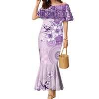Hawaii Tapa Pattern With Violet Hibiscus Family Matching Mermaid Dress and Hawaiian Shirt