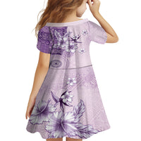 Hawaii Tapa Pattern With Violet Hibiscus Family Matching Off Shoulder Maxi Dress and Hawaiian Shirt