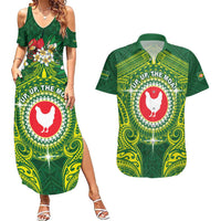 Personalized American Samoa Manua Cession Day Couples Matching Summer Maxi Dress and Hawaiian Shirt Up Up The Moa LT05 Green - Polynesian Pride
