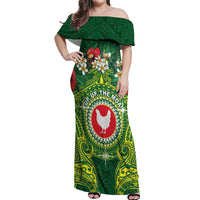Personalized American Samoa Manua Cession Day Off Shoulder Maxi Dress Up Up The Moa LT05 Women Green - Polynesian Pride