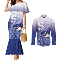 Personalized Samoana High School Couples Matching Mermaid Dress and Long Sleeve Button Shirt Polynesian Tribal Shark