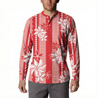 Hawaii Kakau Tribal Button Sweatshirt With Red Tiare