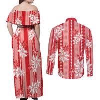 Hawaii Kakau Tribal Couples Matching Off Shoulder Maxi Dress and Long Sleeve Button Shirt With Red Tiare