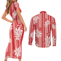 Hawaii Kakau Tribal Couples Matching Short Sleeve Bodycon Dress and Long Sleeve Button Shirt With Red Tiare