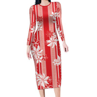 Hawaii Kakau Tribal Family Matching Long Sleeve Bodycon Dress and Hawaiian Shirt With Red Tiare LT05 Mom's Dress Red - Polynesian Pride