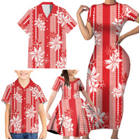 Hawaii Kakau Tribal Family Matching Short Sleeve Bodycon Dress and Hawaiian Shirt With Red Tiare LT05 - Polynesian Pride