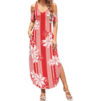 Hawaii Kakau Tribal Family Matching Summer Maxi Dress and Hawaiian Shirt With Red Tiare