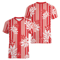 Hawaii Kakau Tribal Women V-Neck T-Shirt With Red Tiare