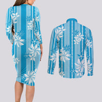 Hawaii Kakau Tribal Couples Matching Long Sleeve Bodycon Dress and Long Sleeve Button Shirt With Blue Tiare