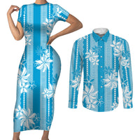 Hawaii Kakau Tribal Couples Matching Short Sleeve Bodycon Dress and Long Sleeve Button Shirt With Blue Tiare