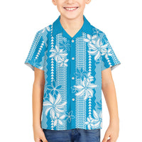 Hawaii Kakau Tribal Family Matching Off The Shoulder Long Sleeve Dress and Hawaiian Shirt With Blue Tiare LT05 Son's Shirt Blue - Polynesian Pride