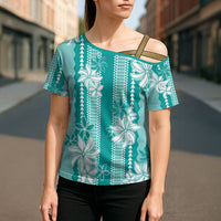 Hawaii Kakau Tribal Cross Shoulder Shirt With Teal Tiare
