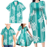 Hawaii Kakau Tribal Family Matching Long Sleeve Bodycon Dress and Hawaiian Shirt With Teal Tiare LT05 - Polynesian Pride