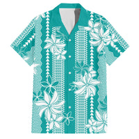 Hawaii Kakau Tribal Family Matching Puletasi and Hawaiian Shirt With Teal Tiare