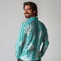 Hawaii Kakau Tribal Long Sleeve Polo Shirt With Teal Tiare