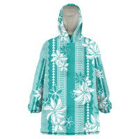 Hawaii Kakau Tribal Wearable Blanket Hoodie With Teal Tiare