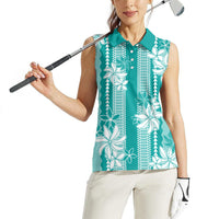 Hawaii Kakau Tribal Women Sleeveless Polo Shirt With Teal Tiare