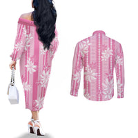 Hawaii Kakau Tribal Couples Matching Off The Shoulder Long Sleeve Dress and Long Sleeve Button Shirt With Pink Tiare LT05 - Polynesian Pride