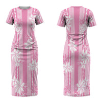 Hawaii Kakau Tribal Couples Matching Short Sleeve Bodycon Dress and Hawaiian Shirt With Pink Tiare LT05 - Polynesian Pride