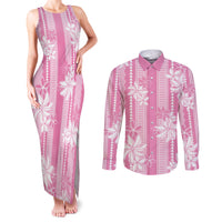 Hawaii Kakau Tribal Couples Matching Tank Maxi Dress and Long Sleeve Button Shirt With Pink Tiare LT05 Pink - Polynesian Pride