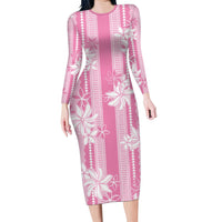 Hawaii Kakau Tribal Family Matching Long Sleeve Bodycon Dress and Hawaiian Shirt With Pink Tiare LT05 Mom's Dress Pink - Polynesian Pride