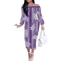 Hawaii Kakau Tribal Family Matching Off The Shoulder Long Sleeve Dress and Hawaiian Shirt With Purple Tiare LT05 Mom's Dress Purple - Polynesian Pride