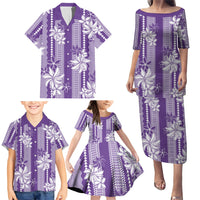 Hawaii Kakau Tribal Family Matching Puletasi and Hawaiian Shirt With Purple Tiare