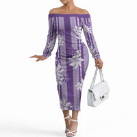 Hawaii Kakau Tribal Off The Shoulder Long Sleeve Dress With Purple Tiare LT05 Women Purple - Polynesian Pride