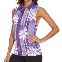Hawaii Kakau Tribal Women Sleeveless Polo Shirt With Purple Tiare LT05 - Polynesian Pride