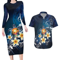 Hawaii Honu Couples Matching Long Sleeve Bodycon Dress and Hawaiian Shirt Polynesian Curves Plumeria - Polynesian Pride