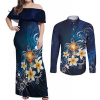 Hawaii Honu Couples Matching Off Shoulder Maxi Dress and Long Sleeve Button Shirt Polynesian Curves Plumeria - Polynesian Pride