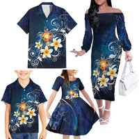 Hawaii Honu Family Matching Off The Shoulder Long Sleeve Dress and Hawaiian Shirt Polynesian Curves Plumeria - Polynesian Pride