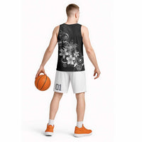Hawaii Honu Basketball Jersey Polynesian Curves Plumeria Grayscale - Polynesian Pride