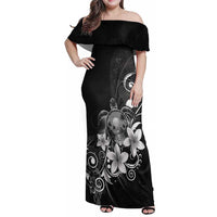 Hawaii Honu Family Matching Off Shoulder Maxi Dress and Hawaiian Shirt Polynesian Curves Plumeria Grayscale - Polynesian Pride