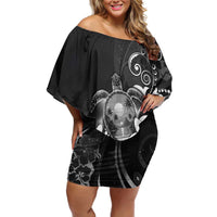 Hawaii Honu Family Matching Off Shoulder Short Dress and Hawaiian Shirt Polynesian Curves Plumeria Grayscale - Polynesian Pride