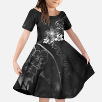 Hawaii Honu Family Matching Short Sleeve Bodycon Dress and Hawaiian Shirt Polynesian Curves Plumeria Grayscale - Polynesian Pride