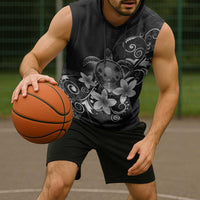 Hawaii Honu Sleeveless Hoodie Polynesian Curves Plumeria Grayscale - Polynesian Pride