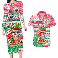 Hawaii Christmas Couples Matching Long Sleeve Bodycon Dress and Hawaiian Shirt Santa Claus Surf Mele Kalikimaka LT05 Red - Polynesian Pride