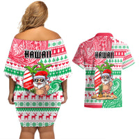 Hawaii Christmas Couples Matching Off Shoulder Short Dress and Hawaiian Shirt Santa Claus Surf Mele Kalikimaka LT05 - Polynesian Pride