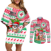 Hawaii Christmas Couples Matching Off Shoulder Short Dress and Long Sleeve Button Shirts Santa Claus Surf Mele Kalikimaka LT05 Red - Polynesian Pride