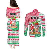 Hawaii Christmas Couples Matching Puletasi Dress and Long Sleeve Button Shirts Santa Claus Surf Mele Kalikimaka LT05 - Polynesian Pride