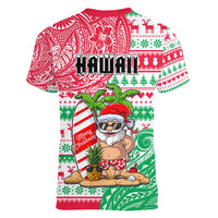 Hawaii Christmas Women V Neck T Shirt Santa Claus Surf Mele Kalikimaka LT05 - Polynesian Pride