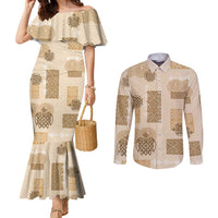 Vintage Lapita Couples Matching Mermaid Dress and Long Sleeve Button Shirt Iconic Double Face Pattern Beige