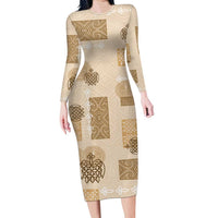 Vintage Lapita Family Matching Long Sleeve Bodycon Dress and Hawaiian Shirt Iconic Double Face Pattern Beige LT05 Mom's Dress Beige - Polynesian Pride