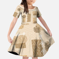 Vintage Lapita Family Matching Off The Shoulder Long Sleeve Dress and Hawaiian Shirt Iconic Double Face Pattern Beige