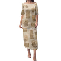 Vintage Lapita Family Matching Puletasi and Hawaiian Shirt Iconic Double Face Pattern Beige
