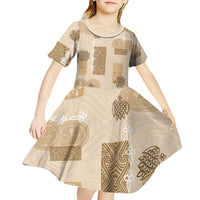 Vintage Lapita Kid Short Sleeve Dress Iconic Double Face Pattern Beige