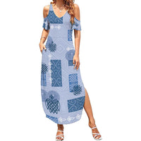 Vintage Lapita Family Matching Summer Maxi Dress and Hawaiian Shirt Iconic Double Face Pattern Blue LT05 Mom's Dress Blue - Polynesian Pride