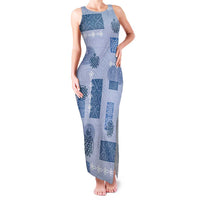 Vintage Lapita Family Matching Tank Maxi Dress and Hawaiian Shirt Iconic Double Face Pattern Blue LT05 Mom's Dress Blue - Polynesian Pride