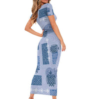 Vintage Lapita Short Sleeve Bodycon Dress Iconic Double Face Pattern Blue